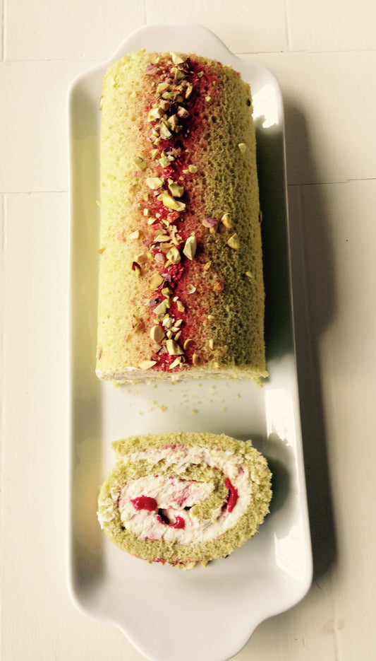 Pistachio and Raspberry Ripple Swiss Roll
