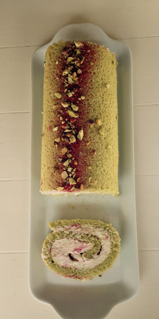 Raspberry and Pistachio Swiss Roll